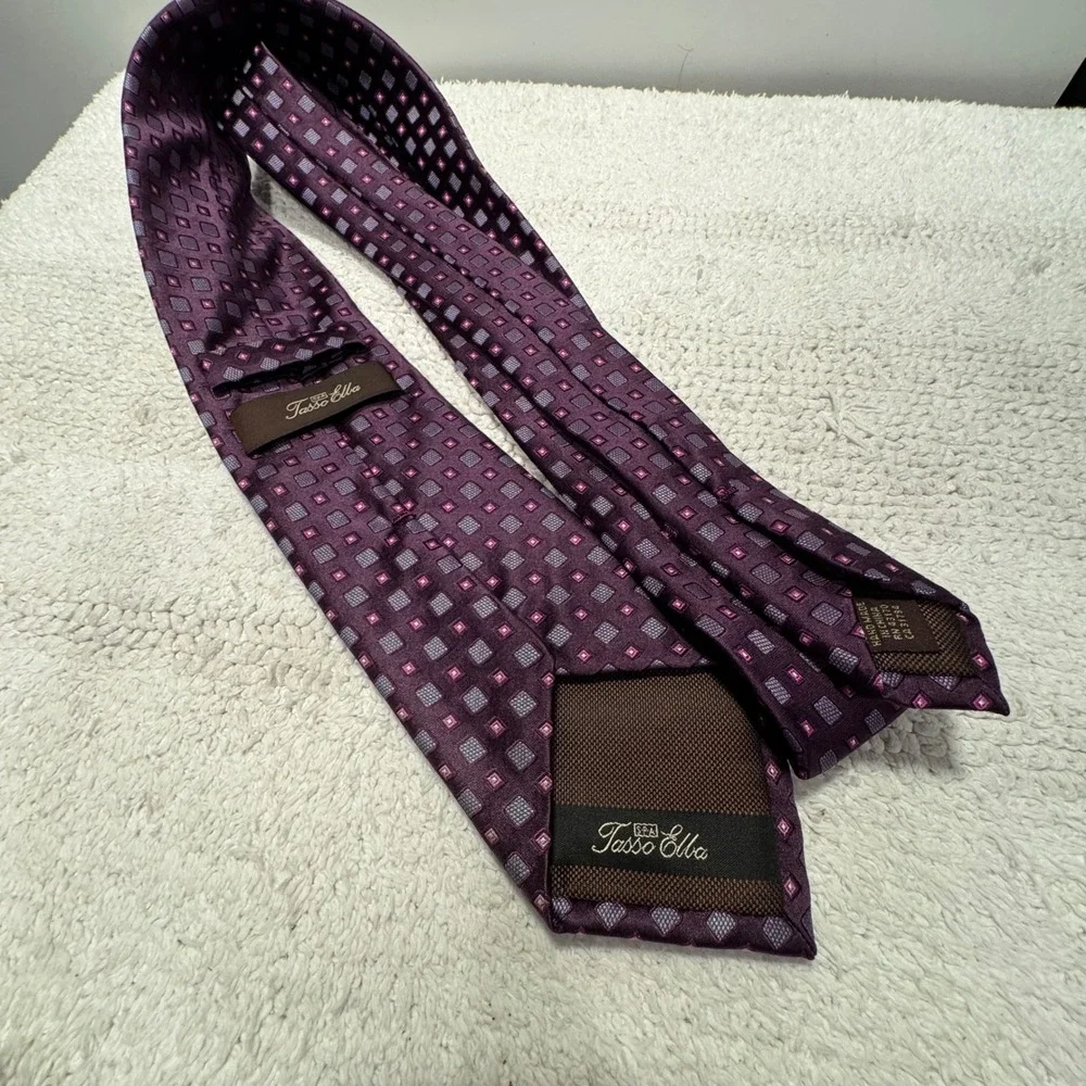 Tasso Elba Tie Purple Pink Geometric Square 100% Silk Handmade Necktie Luxury